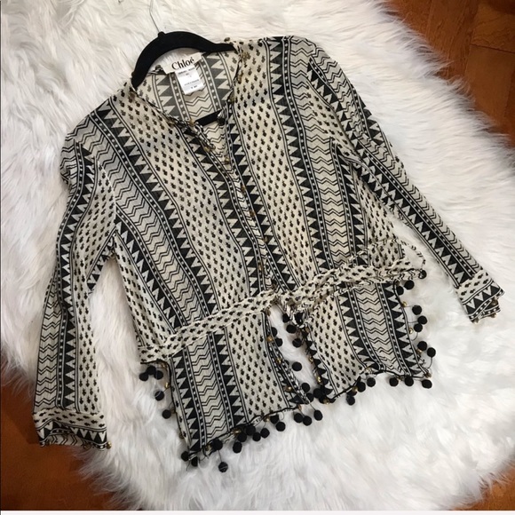 Chloe Tops - Chloe Tribal Aztec Pompom fringe blouse 40T
